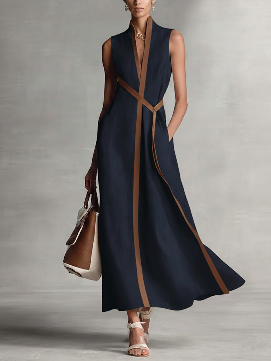 Sleeveless Linen Blend Midi Dress With Mandarin Collar