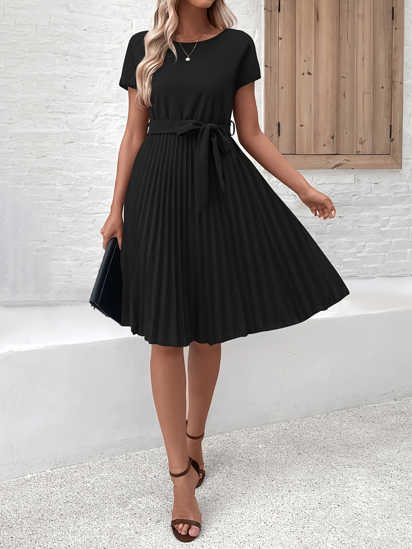 Elise Women's Pleated Midi Dress with Short Sleeves and Tie Belt