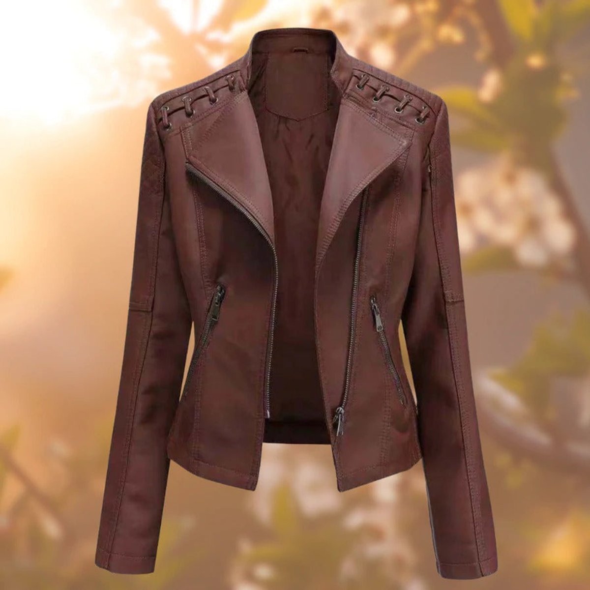 Asymmetric Zip Biker Jacket With Shoulder Lacing