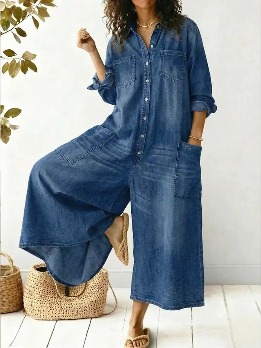 Wide Leg Button-Up Denim Jumpsuit