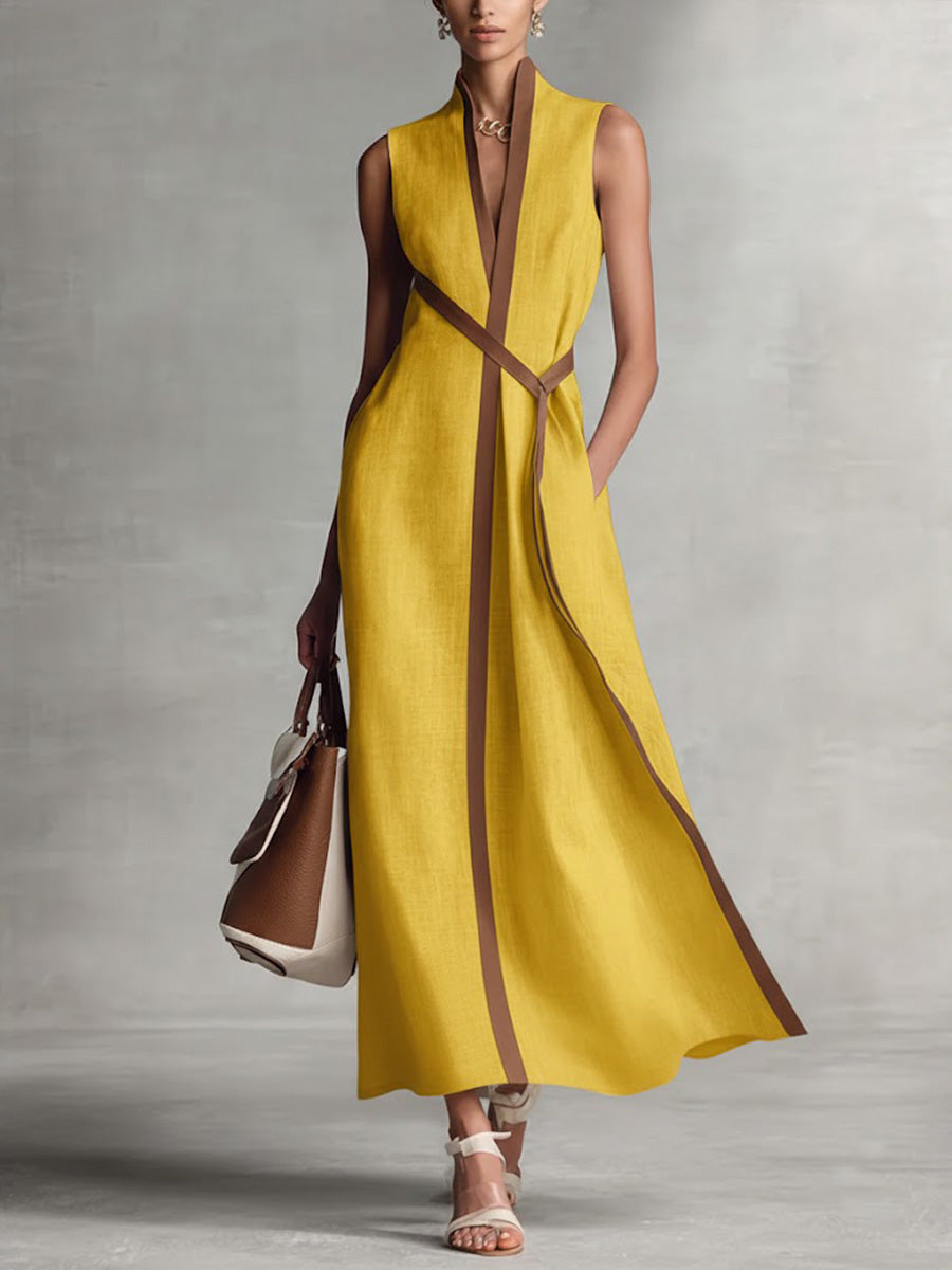Sleeveless Linen Blend Midi Dress With Mandarin Collar