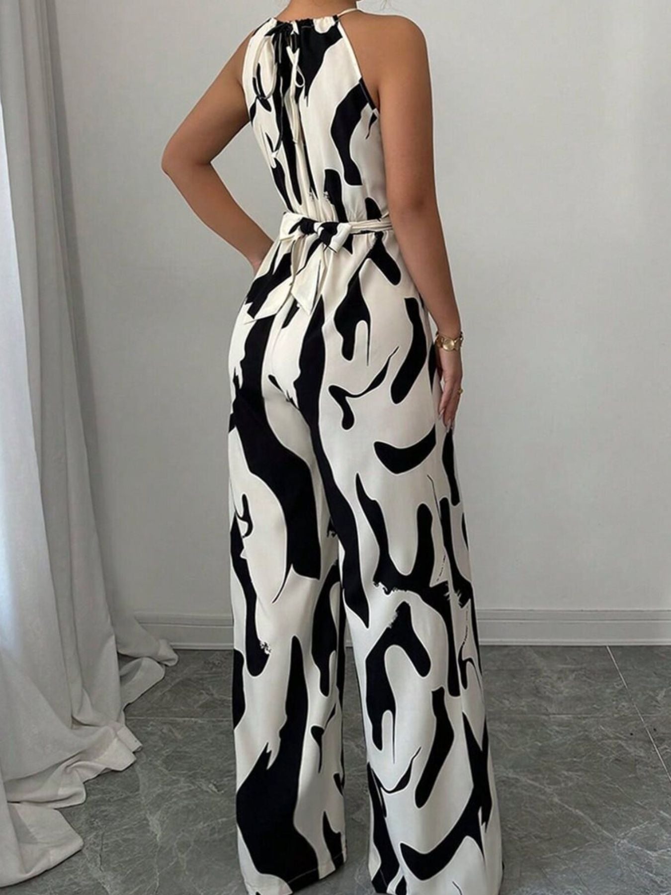 Women's Abstract Print Wide Leg Tie Waist Jumpsuit