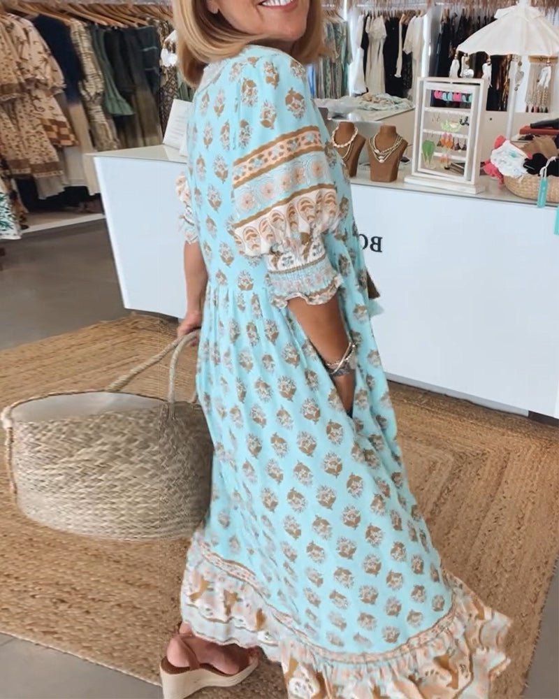 Floral V-Neck Midi Dress with Wrap Skirt