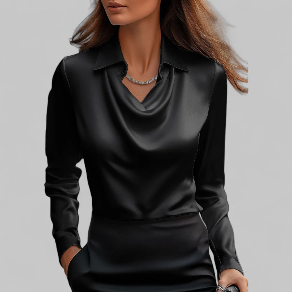 Satin Blouse for Women - Waterfall Neckline Long Sleeve Elegant Top