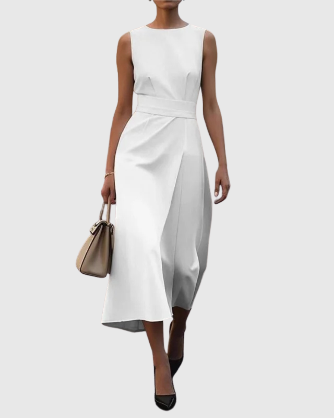 Sleeveless Pleated Waist Midi Dress With Side Slit