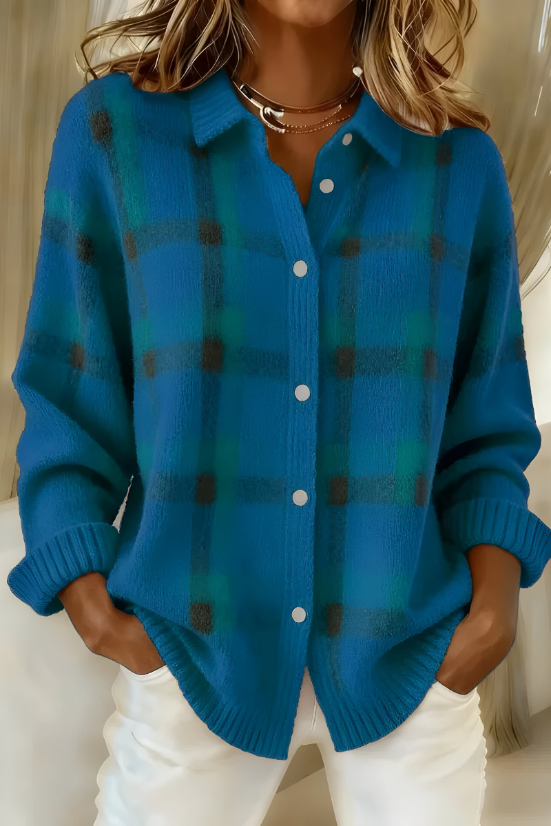 Loose Fit Plaid Cardigan In Soft Retro Knit