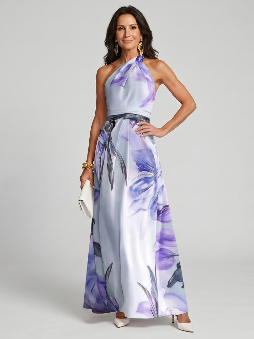Halter Neck Flowing Maxi Dress with Gathered Bodice