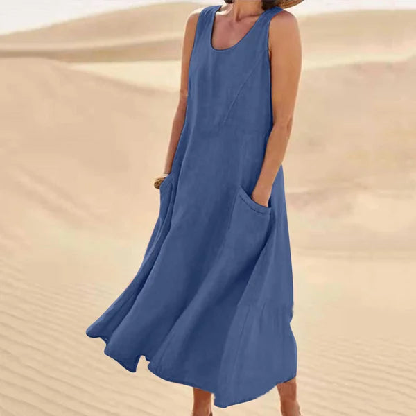 Relaxed Linen Midi Dress With Side Pockets