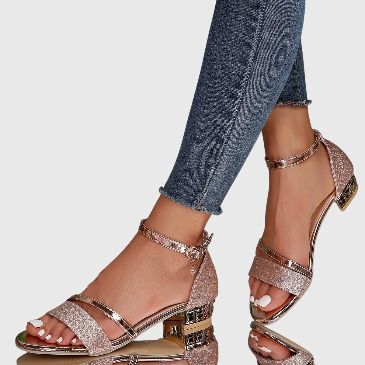 Strappy Block Heel Sandals – Ankle Strap – Metallic Detail