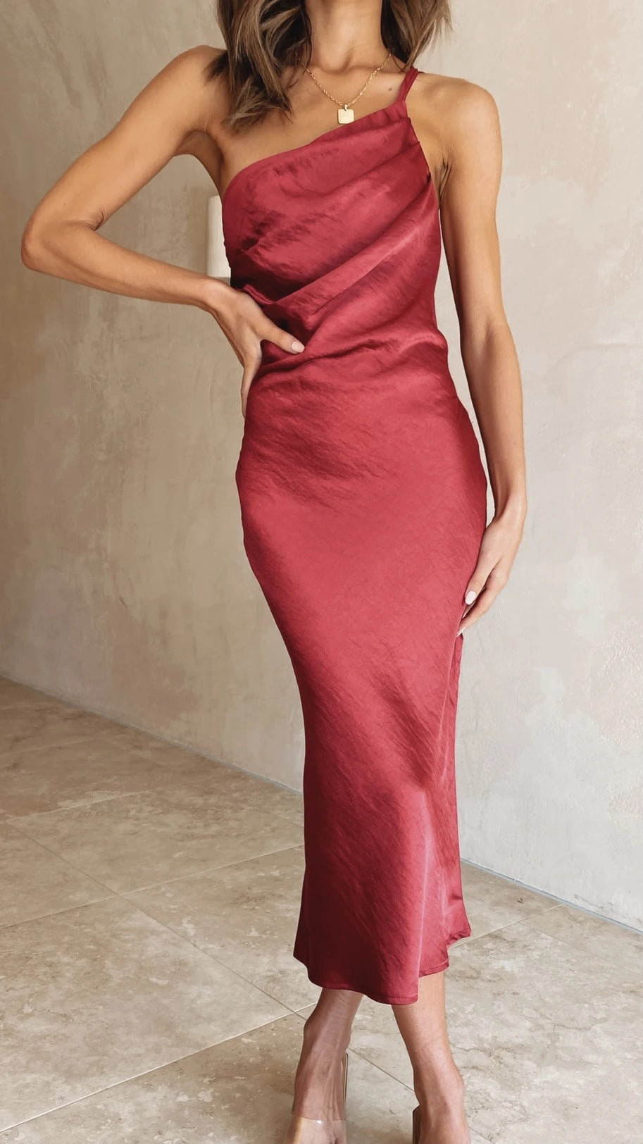 One-Shoulder Draped Satin Midi Dress