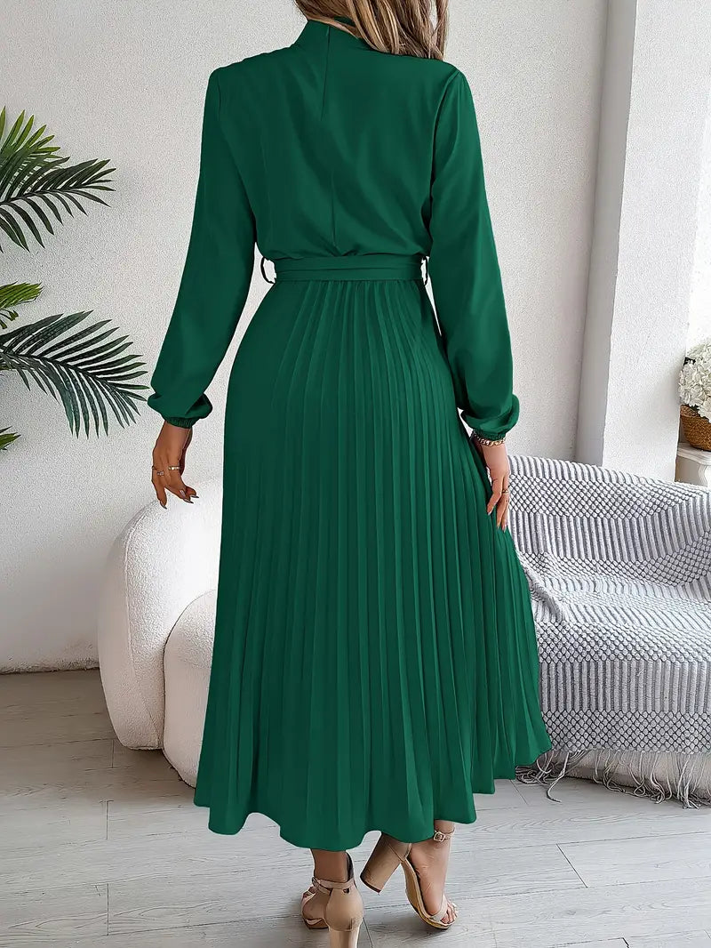 Belted Pleated Midi Dress with Long Sleeves