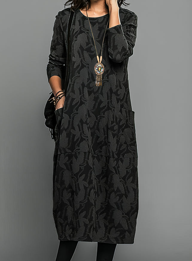 Leaf Print Winter Dress With Pockets