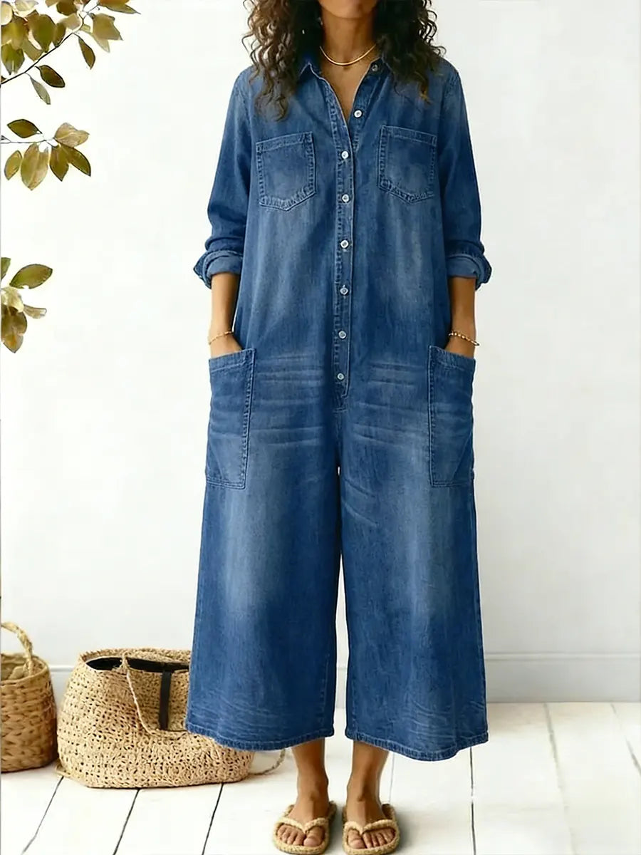 Wide Leg Button-Up Denim Jumpsuit