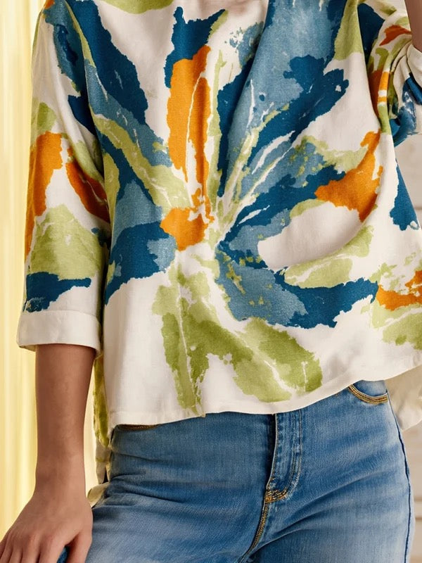 Contrast Floral Print Round Neck Top