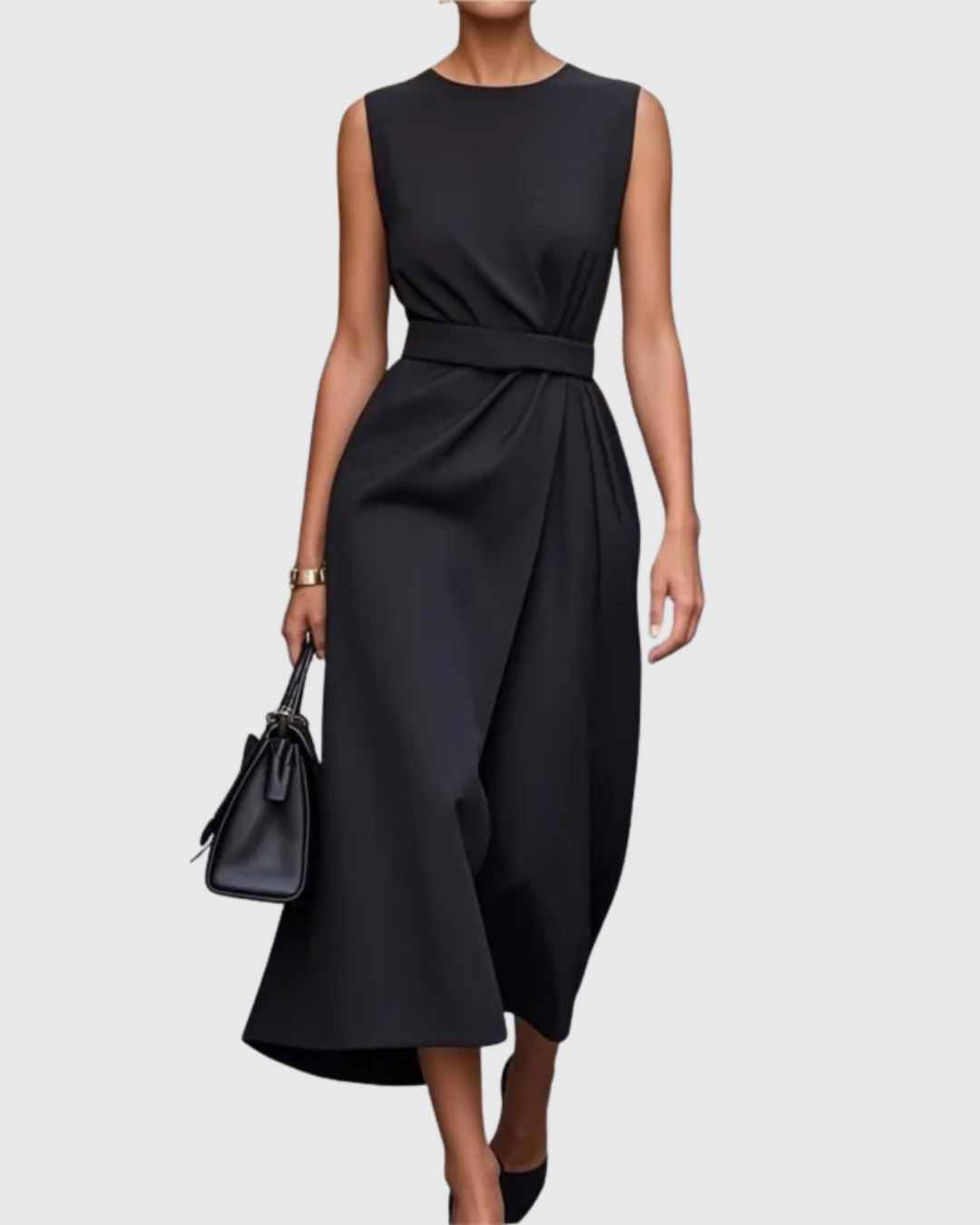 Sleeveless Pleated Waist Midi Dress With Side Slit