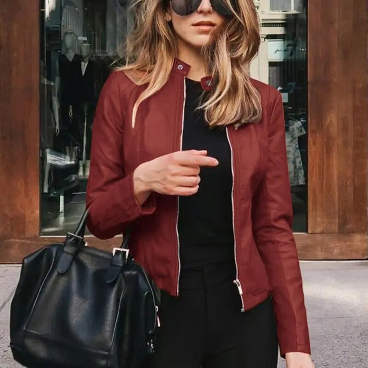 Cropped Stand Collar Faux Leather Zip Jacket