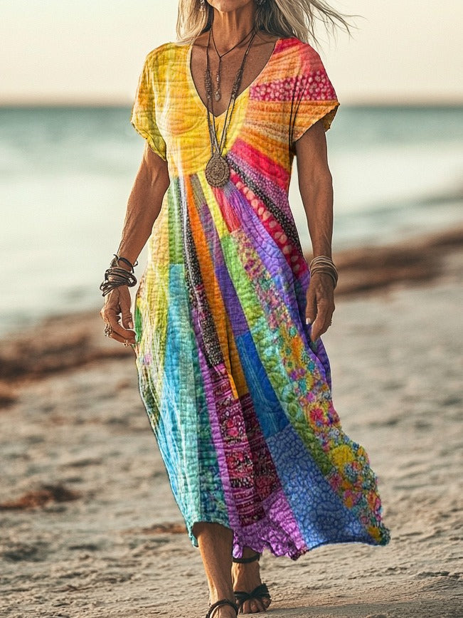 Boho V-Neck Sun Print Maxi Dress