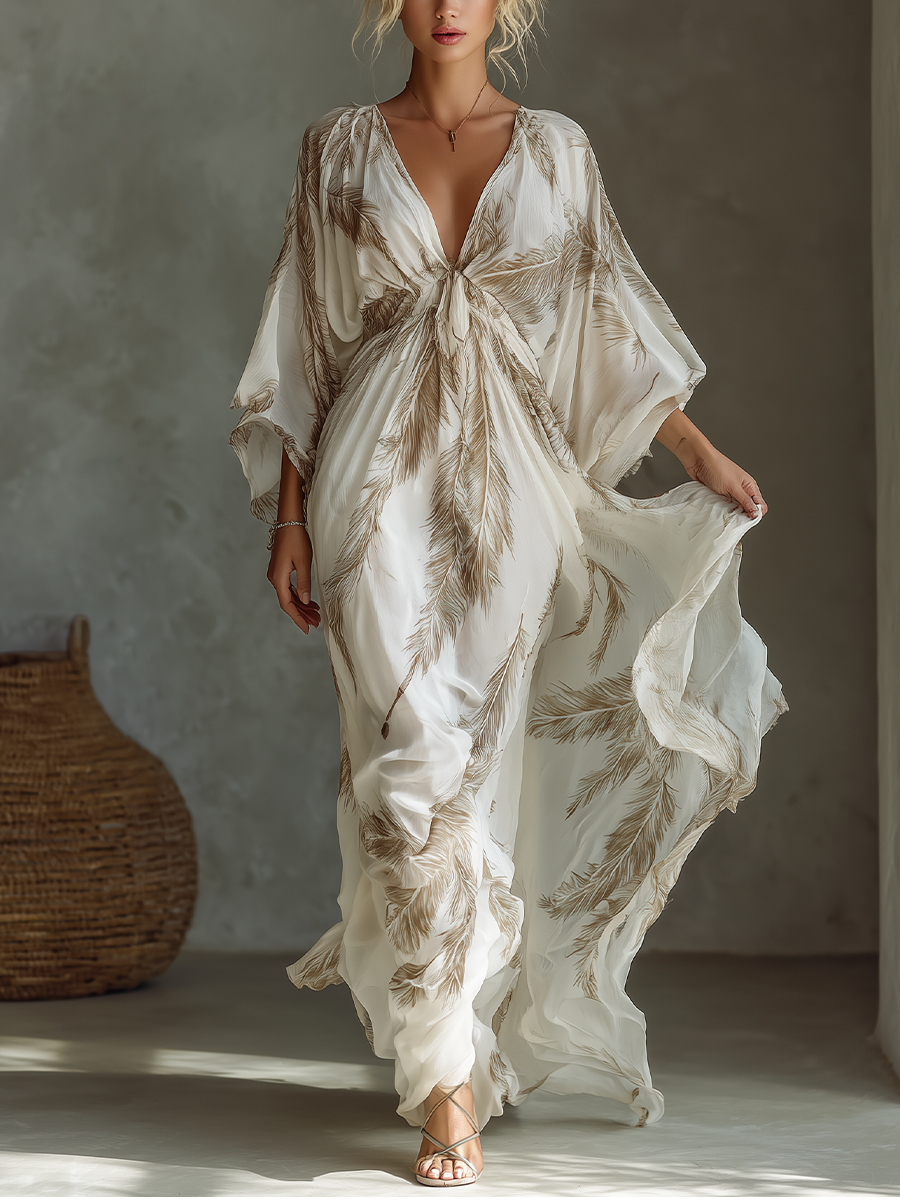 Dolman Sleeve Palm Leaf Print Twist-Front Maxi Dress
