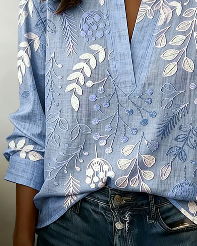 Floral Print V-Neck Blouse with Short Sleeves