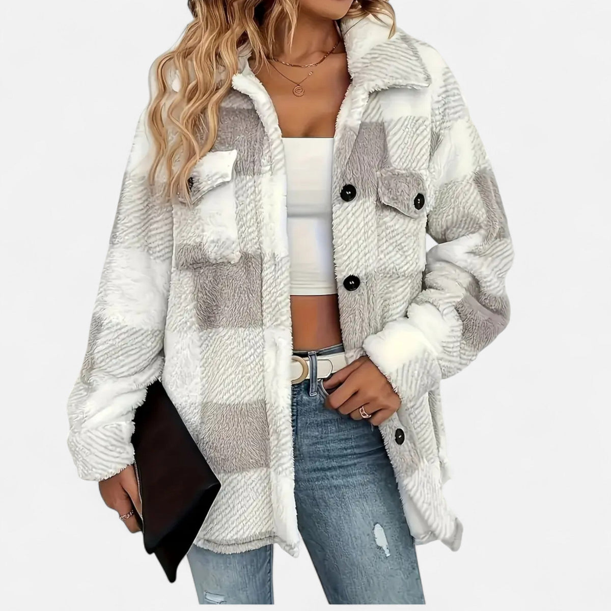 Sophie Laurent Plush Checkered Sherpa Jacket