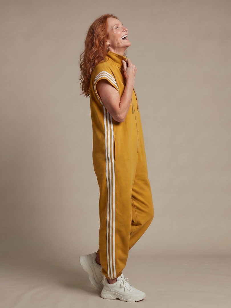 Full Length Zip Front Jumpsuit with Side Stripe Panels