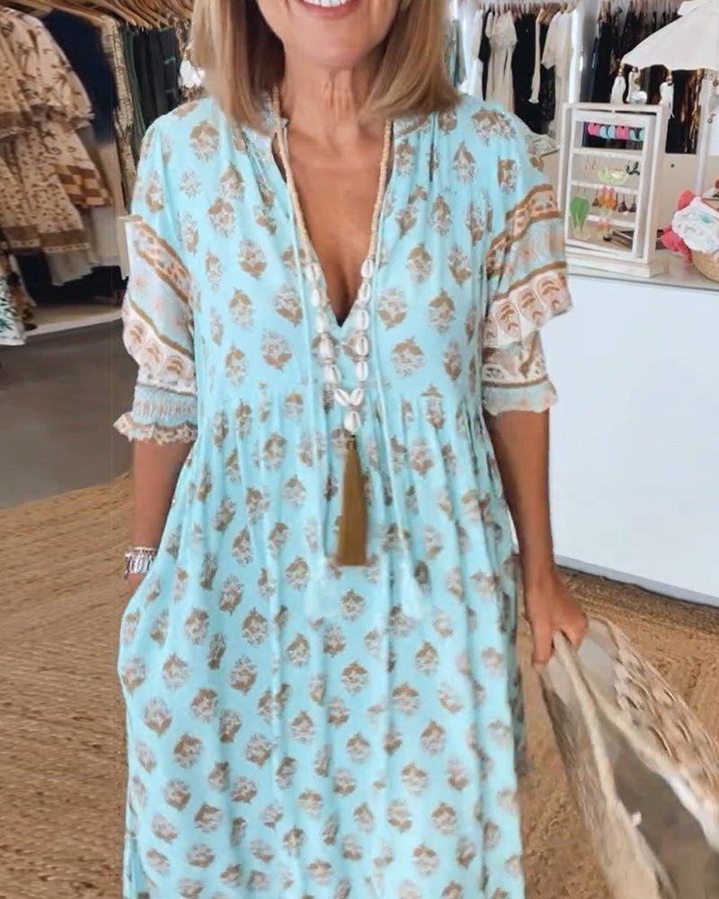 Floral V-Neck Midi Dress with Wrap Skirt