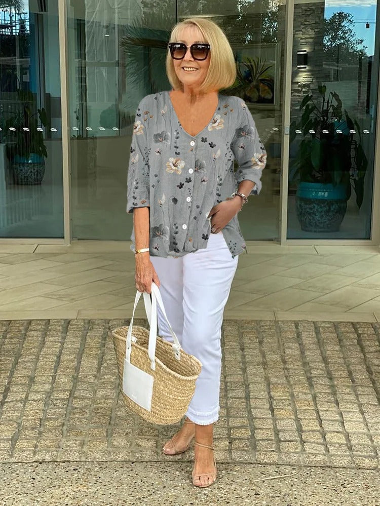 Printed V-Neck Three-Quarter Sleeve Button Blouse