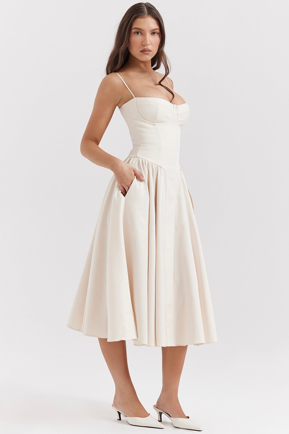 Corset Midi Dress with Fitted Bodice and Adjustable Straps