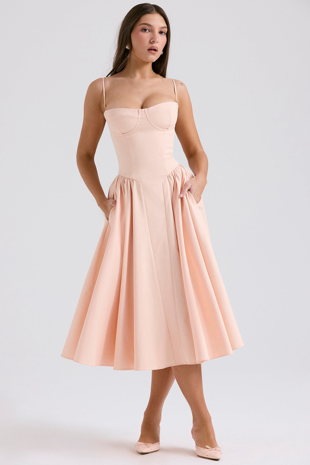 Corset Midi Dress with Fitted Bodice and Adjustable Straps