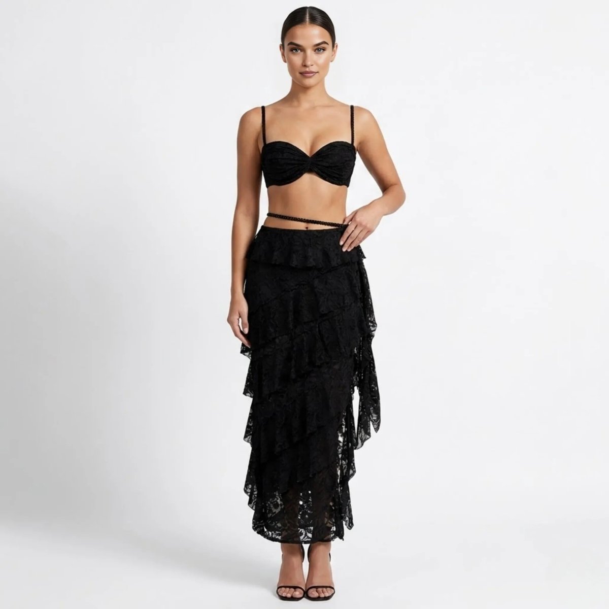 Guipure Lace Bustier and Tiered Maxi Skirt Co-Ord Set