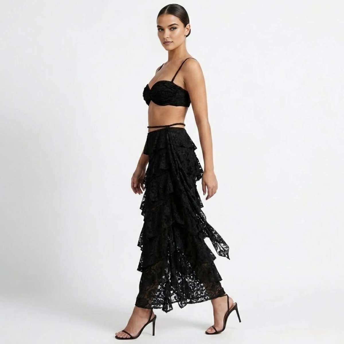 Guipure Lace Bustier and Tiered Maxi Skirt Co-Ord Set