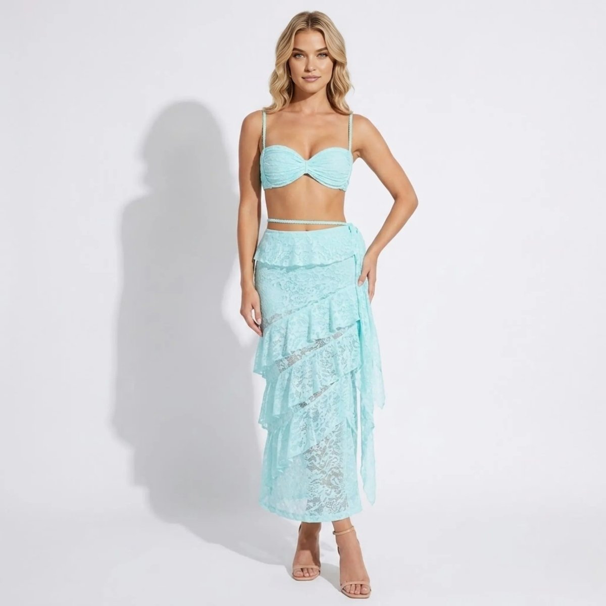 Guipure Lace Bustier and Tiered Maxi Skirt Co-Ord Set