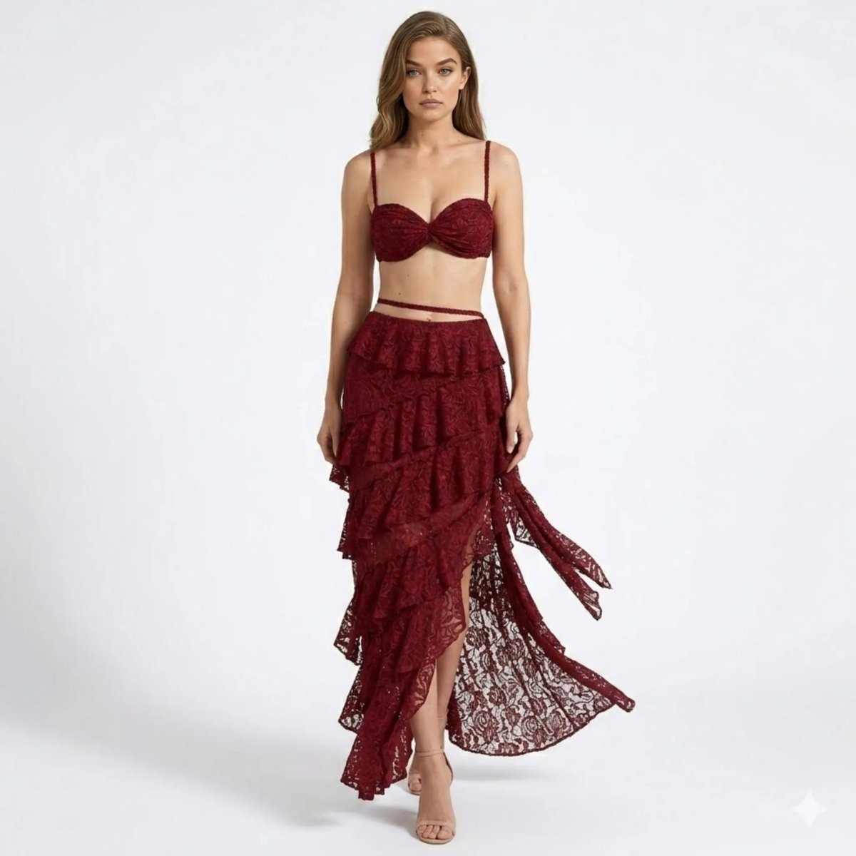 Guipure Lace Bustier and Tiered Maxi Skirt Co-Ord Set