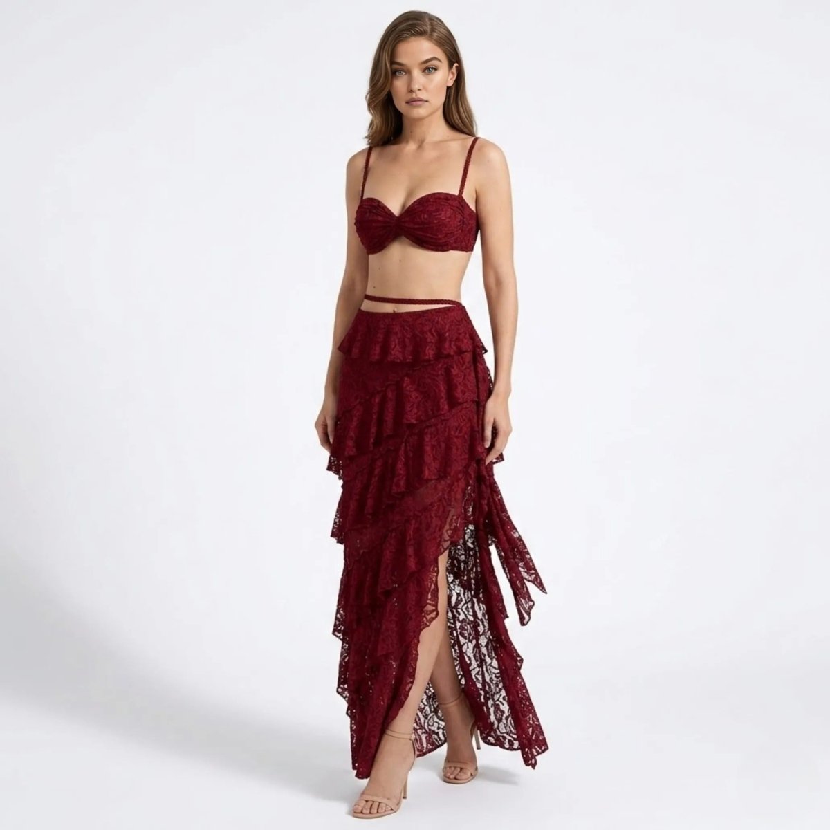 Guipure Lace Bustier and Tiered Maxi Skirt Co-Ord Set