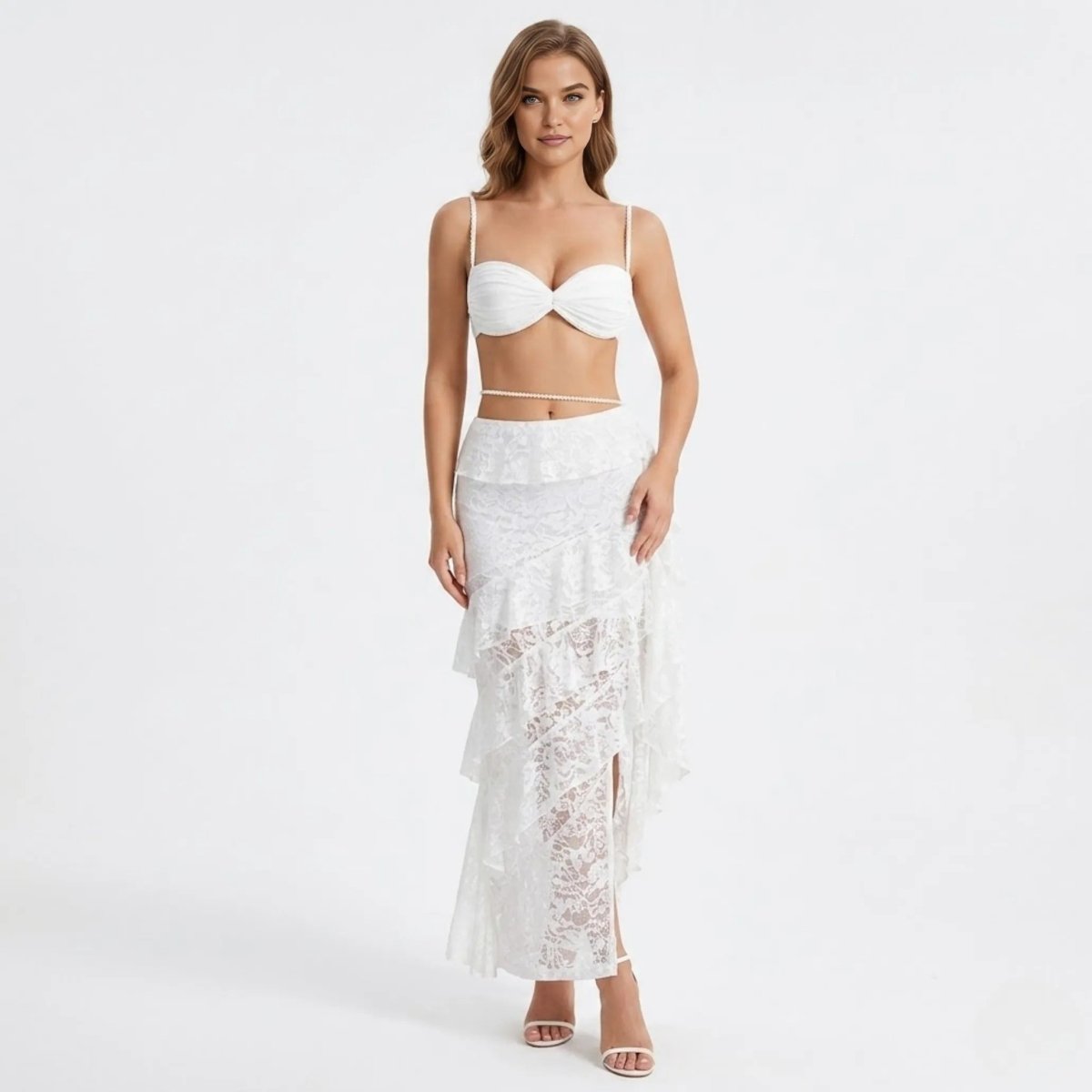 Guipure Lace Bustier and Tiered Maxi Skirt Co-Ord Set