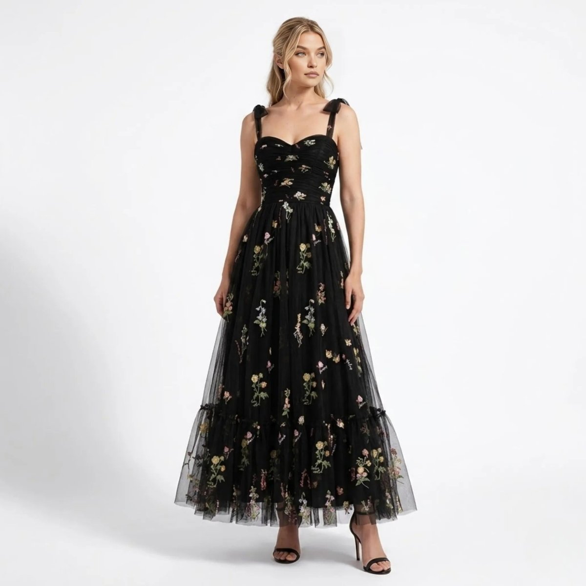 Floral Embroidered Tulle A-Line Evening Gown