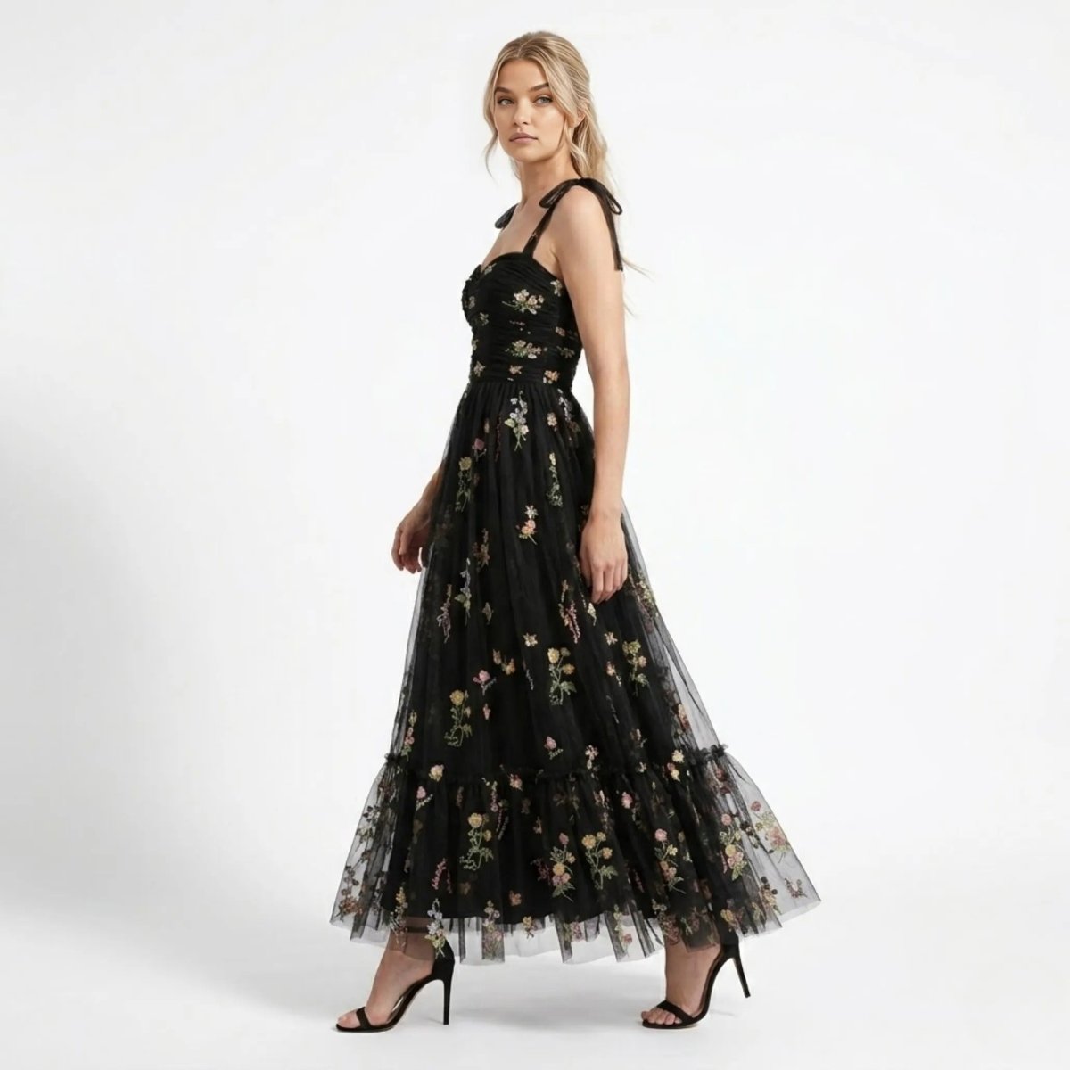 Floral Embroidered Tulle A-Line Evening Gown