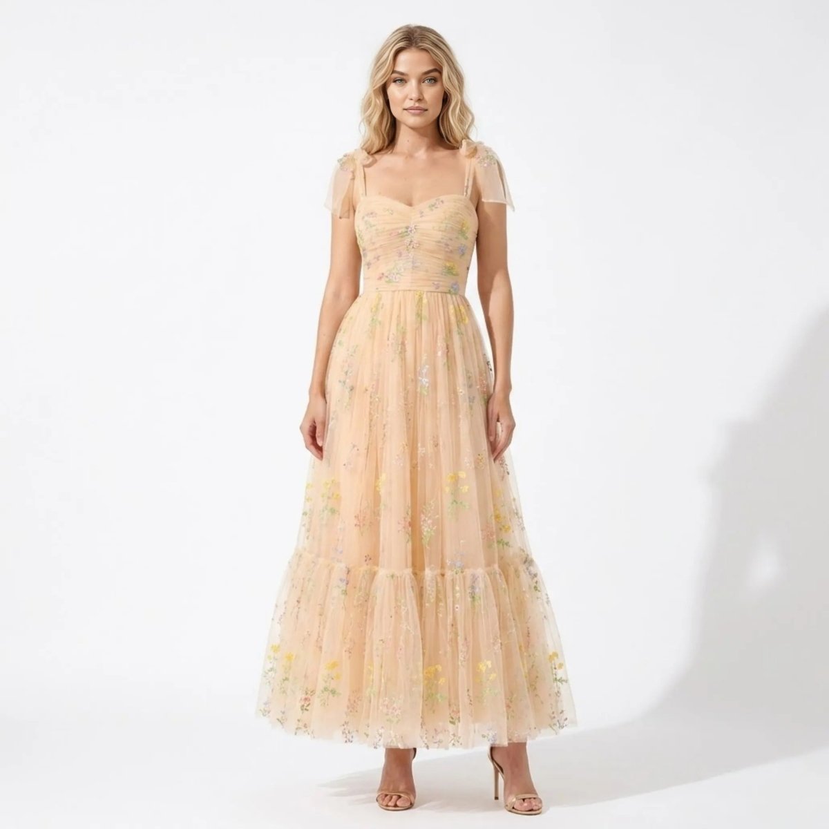 Floral Embroidered Tulle A-Line Evening Gown