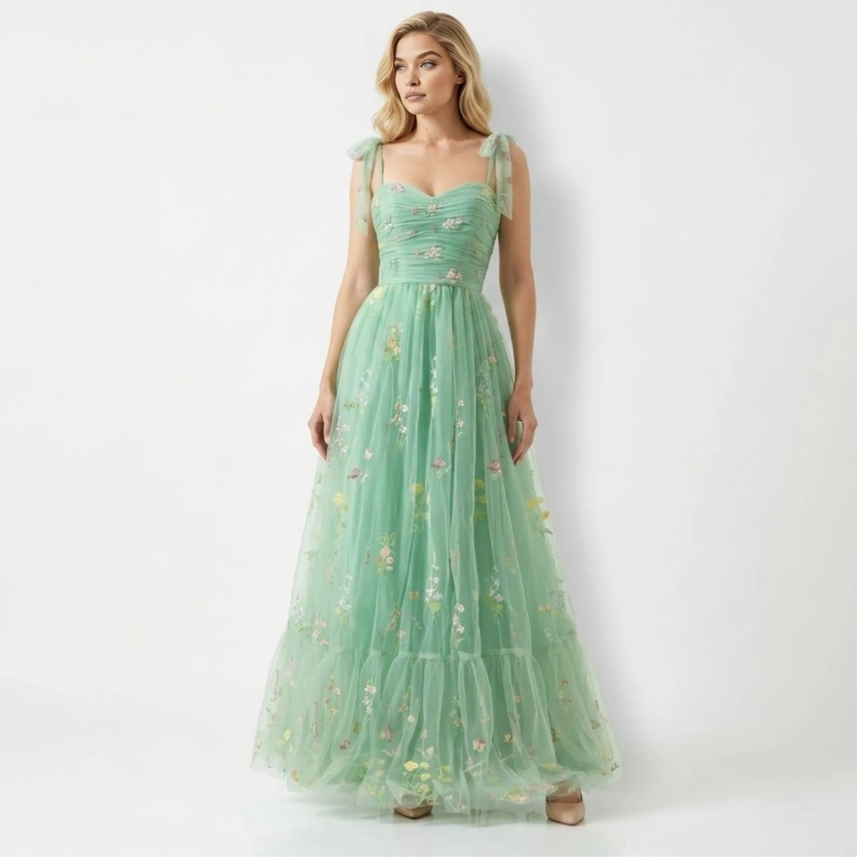 Floral Embroidered Tulle A-Line Evening Gown