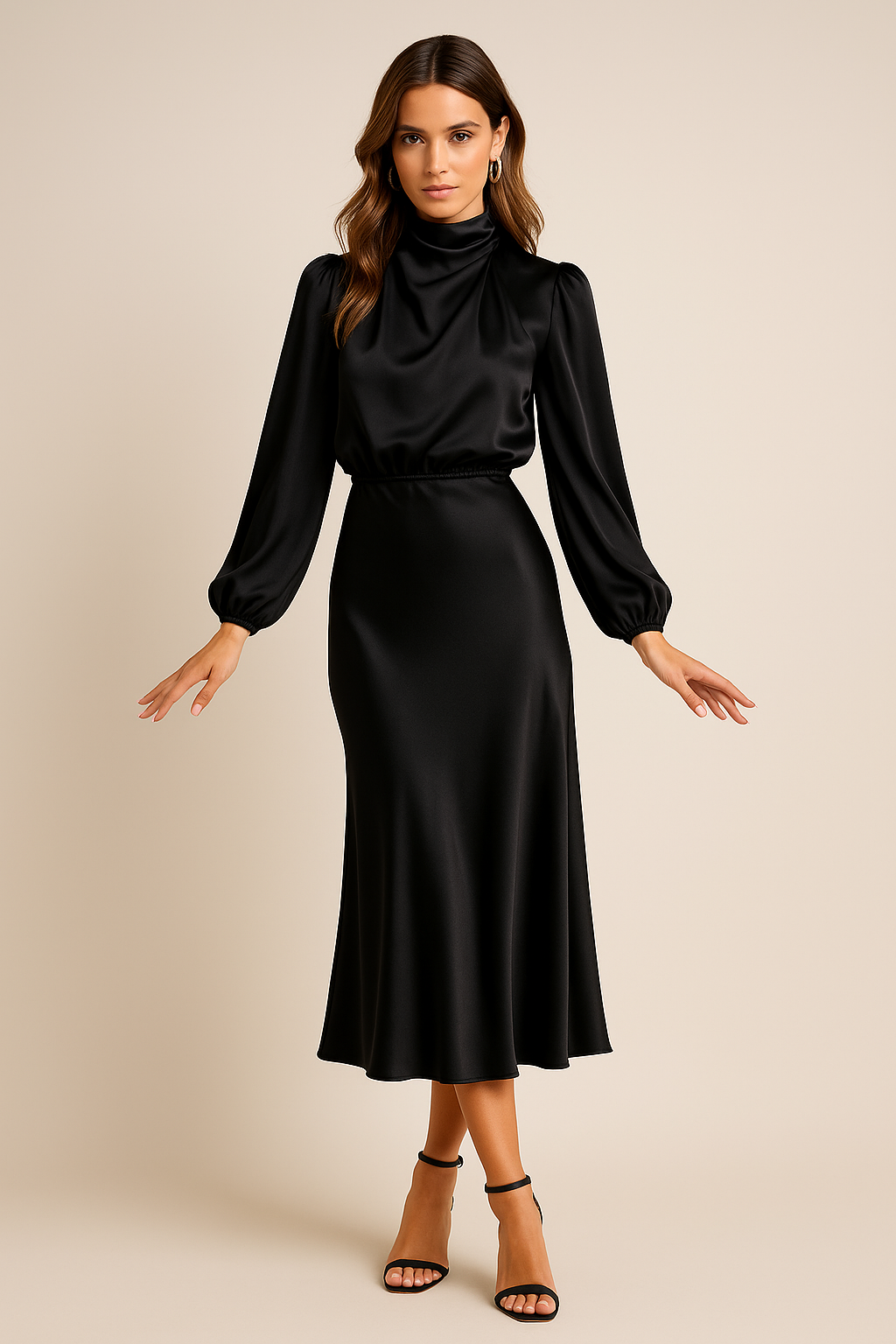 Satin Midi Dress for Women - High Neck Long Sleeve Elegant Evening Dress