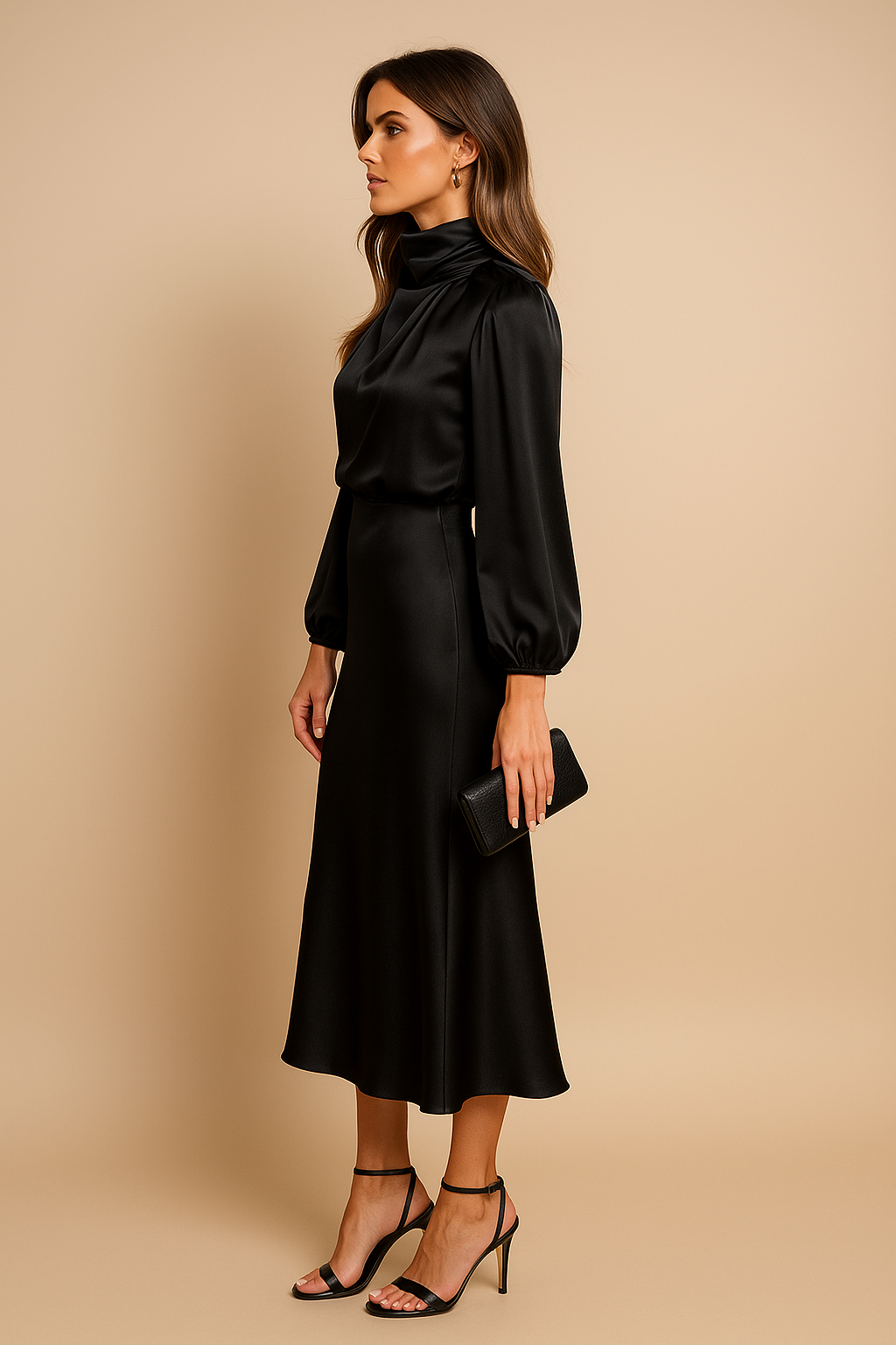 Satin Midi Dress for Women - High Neck Long Sleeve Elegant Evening Dress