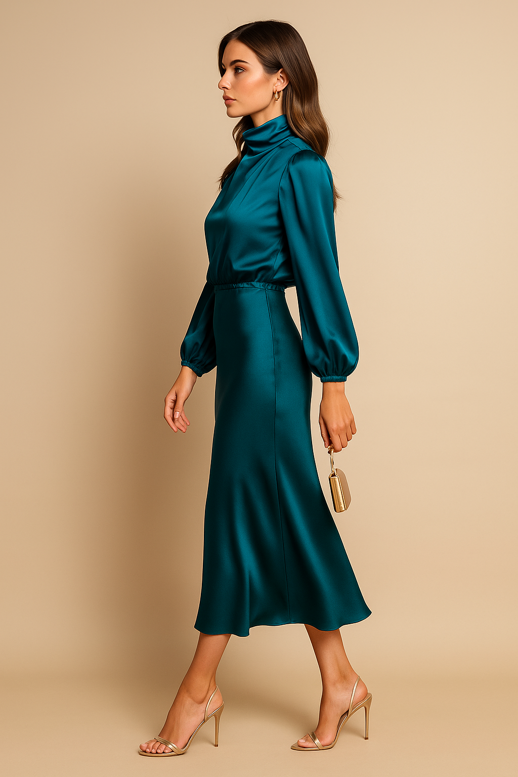 Satin Midi Dress for Women - High Neck Long Sleeve Elegant Evening Dress