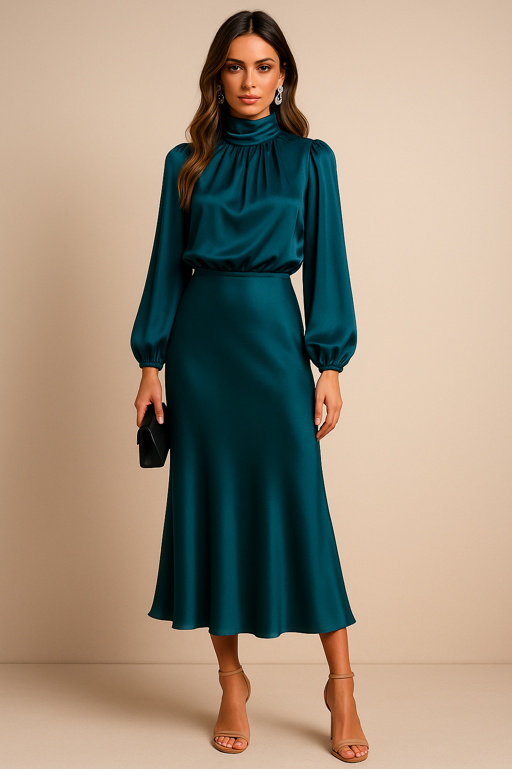 Satin Midi Dress for Women - High Neck Long Sleeve Elegant Evening Dress
