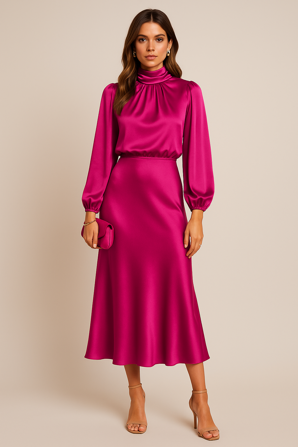 Satin Midi Dress for Women - High Neck Long Sleeve Elegant Evening Dress