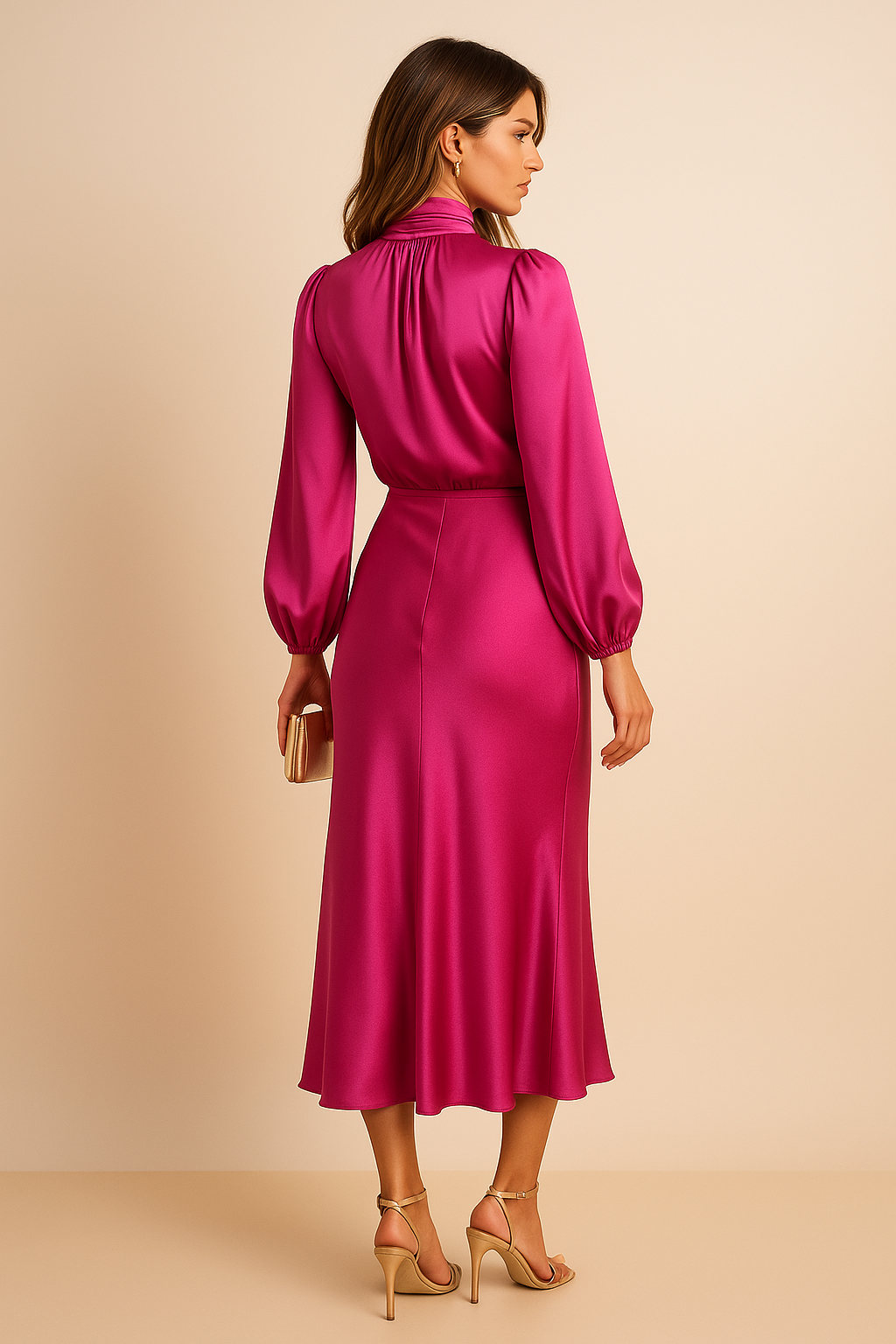 Satin Midi Dress for Women - High Neck Long Sleeve Elegant Evening Dress