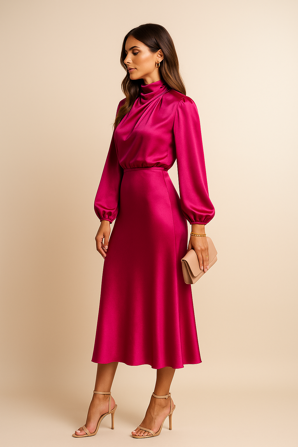 Satin Midi Dress for Women - High Neck Long Sleeve Elegant Evening Dress