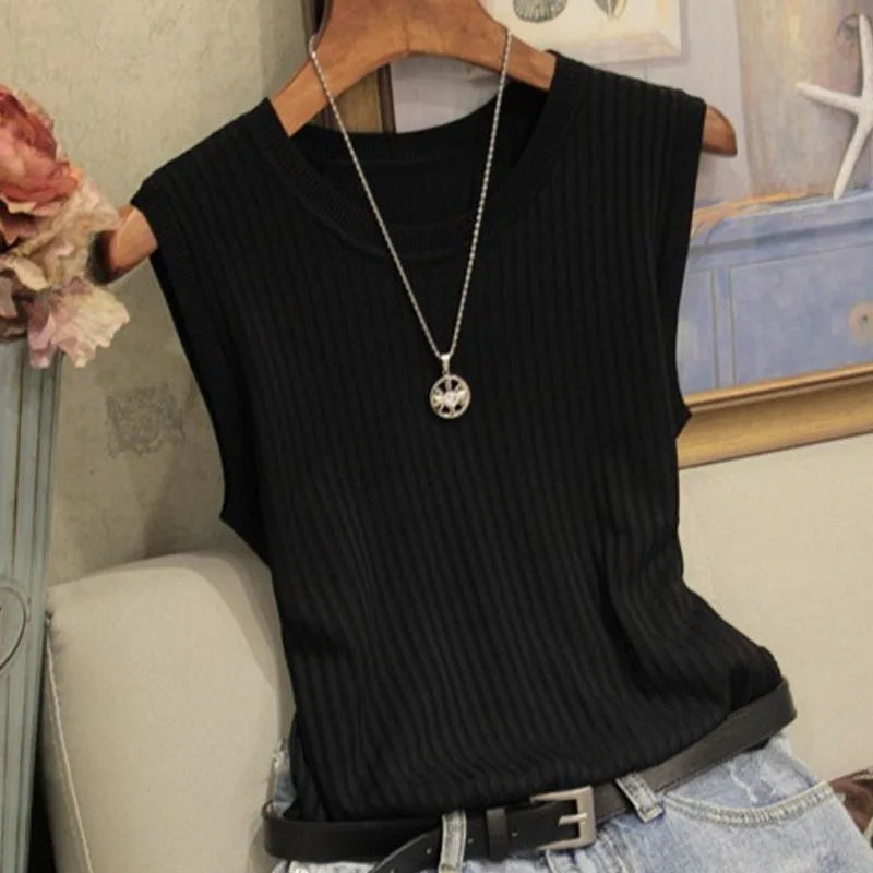 Sleeveless O-Neck Knit Vest Top for Women