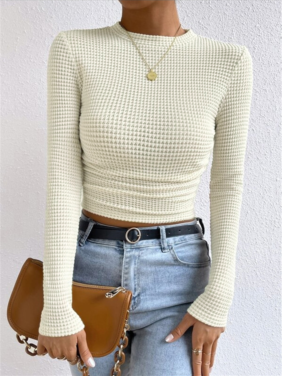 Fitted Waffle Knit Long Sleeve Top