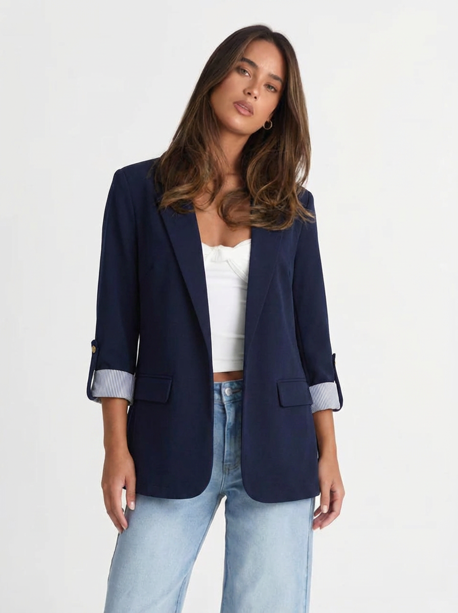 Open Front Blazer with Roll-Tab Sleeves
