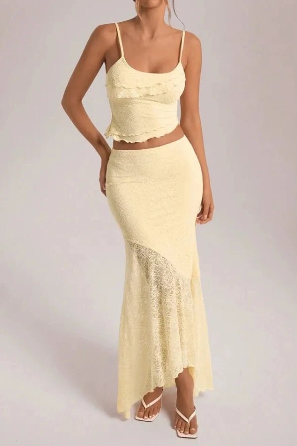 Floral Lace Ruffle Camisole and Asymmetric Maxi Skirt Set